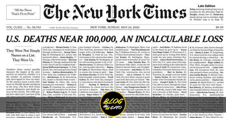 Con histórica portada, The New York Times homenajea a casi 100 mil fallecidos por COVID-19
